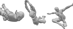 Riferimento alle pose- Salto a tre - Tre uomini che saltano o atterrano in modo elegante - Vista da basso