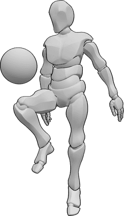 Referência de poses- Pose do joelho com pontapé de futebol - Jogador de futebol masculino está a pontapear a bola com a pose do joelho