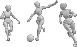 Referência de poses- Jogo de futebol feminino - Cena de jogo de futebol feminino, 3 mulheres estão a jogar futebol