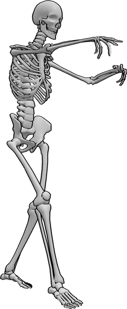 Referência de poses- Pose do esqueleto ambulante - O esqueleto está a caminhar lentamente para a frente e com uma pose assombrosa