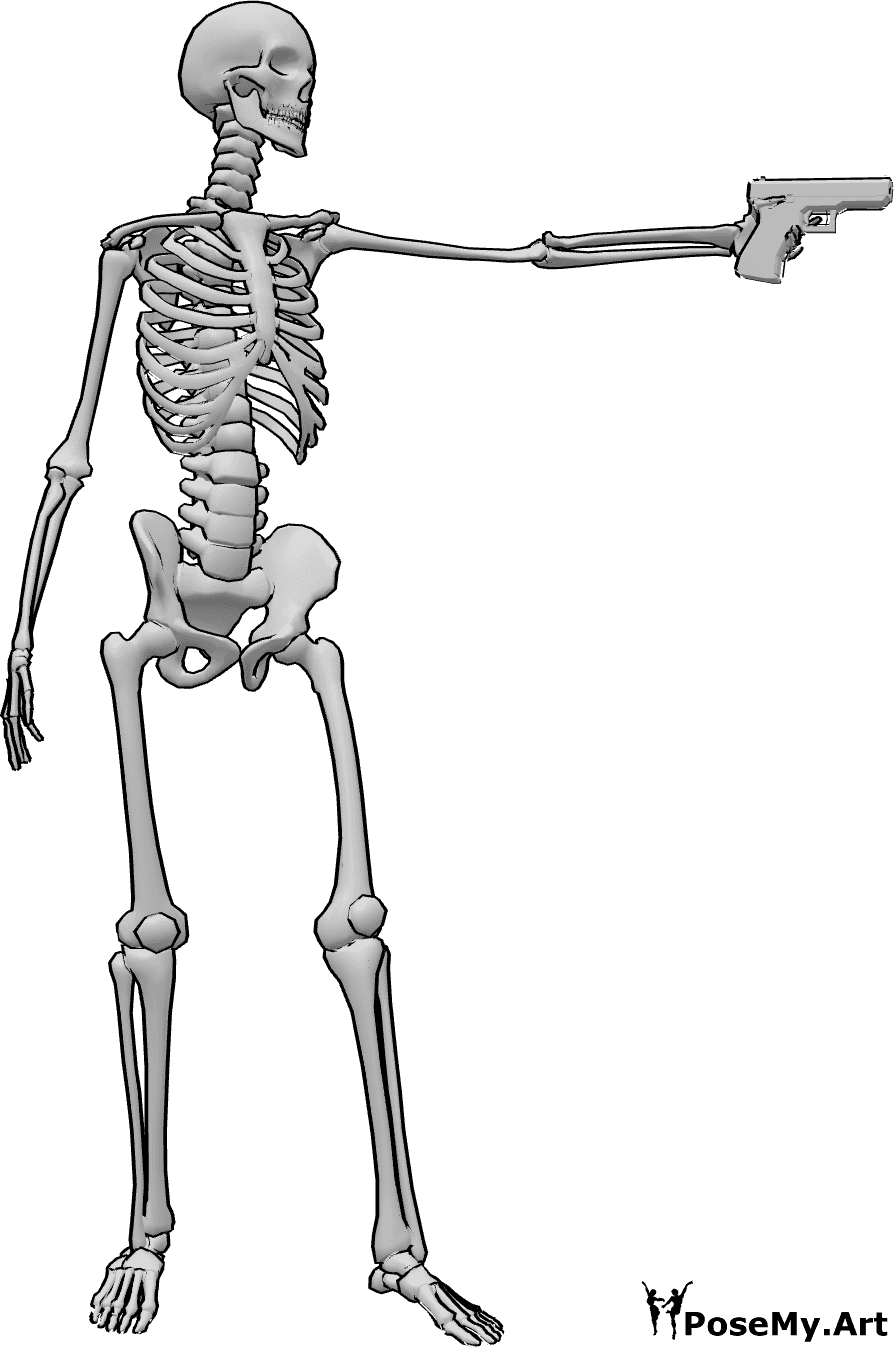 Pose Reference- Skeleton gun pose - Skeleton is standing and aiming a gun pose