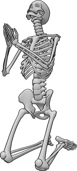 Posen-Referenz- Gebetsskelett-Pose - Skelett auf den Knien mit Blick nach oben und betender Pose
