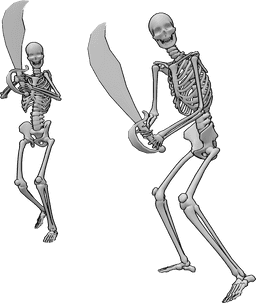 Posen-Referenz- Skelette Schwerter Angriff Pose - Zwei Skelette mit Schwertern, die zum Angriff bereit sind, posieren