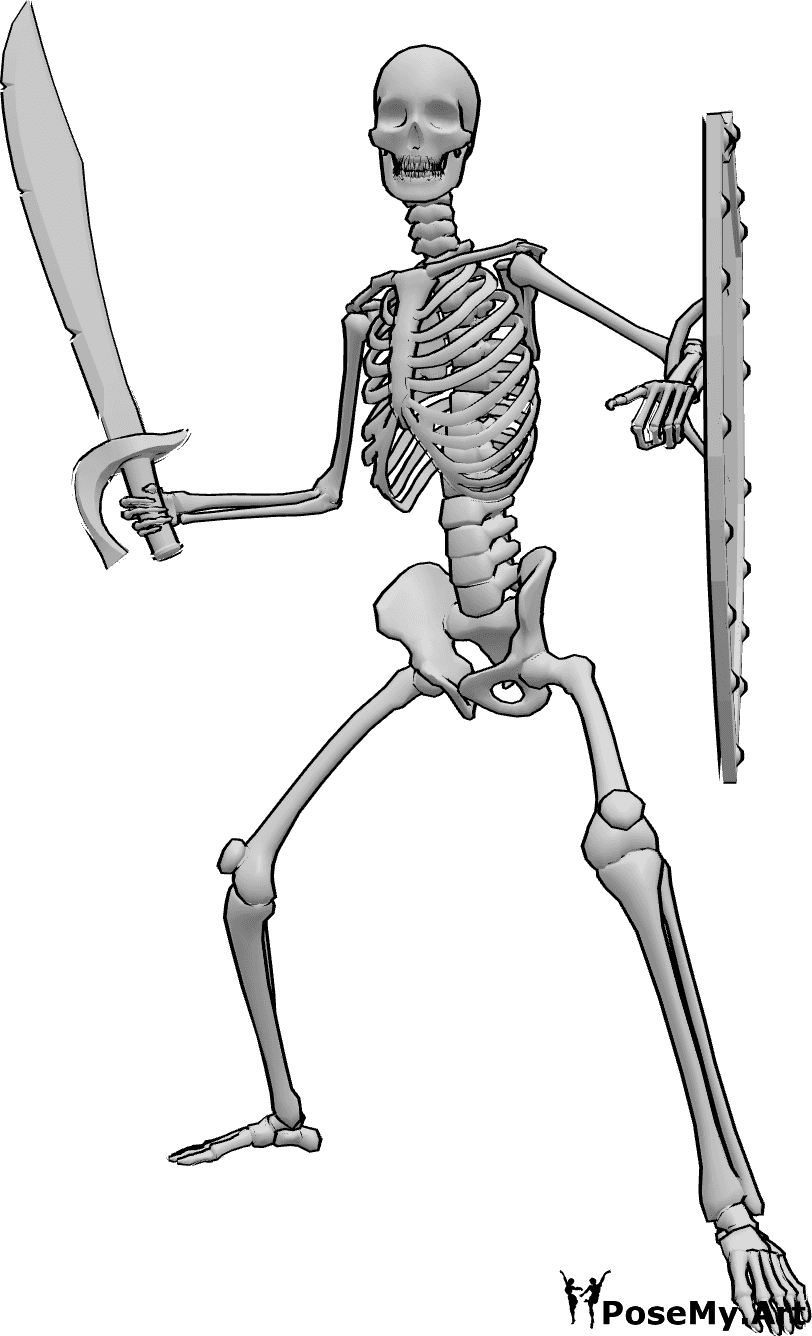 Pose Reference- Warrior skeleton pose - Skeleton is standing and holding a sword and shield pose