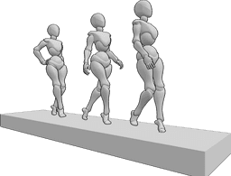 Riferimento alle pose- Posa sui tacchi alti in passerella - Una modella cammina sulla passerella con i tacchi alti