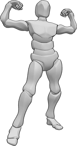 Referencia de poses- Postura de culturista de pie - Culturista masculino está posando, de pie y mostrando los músculos del brazo