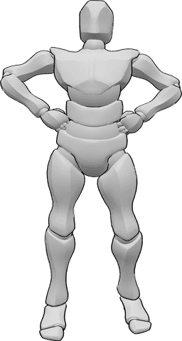 Référence des poses- Pose du bodybuilder avec les mains et les hanches - Un culturiste pose, debout, les mains sur les hanches, montrant ses muscles.