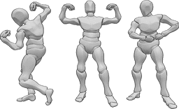 Riferimento alle pose- I culturisti posano - Tre culturisti maschi sono in posa, mostrando i loro muscoli
