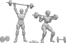 Riferimento alle pose- Allenamento con i pesi pesanti posa - Donna e uomo si allenano insieme con i pesi pesanti