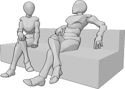 Référence des poses- Femme homme assis - Une femme et un homme sont assis sur un canapé, les jambes croisées.