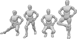 Posen-Referenz- Übungen Hände-Hüften-Pose - Vier männliche Personen machen Übungen mit den Händen auf den Hüften