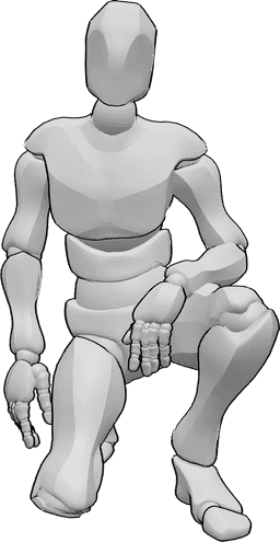 Référence des poses- Homme agenouillé - L'homme est agenouillé et regarde vers l'avant, pose décontractée à genoux.