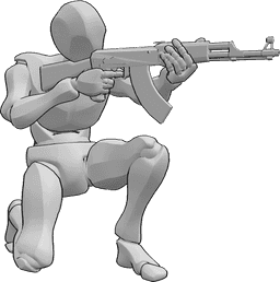 Posen-Referenz- Kniende Zielhaltung - Ein Mann kniet und zielt mit einer AK47