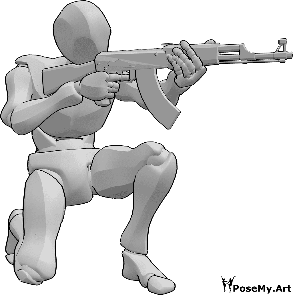 Pose Reference- Kneeling aiming pose - Male is kneeling and aiming with an AK47