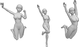 Référence des poses- Trois femmes pom-pom girls - Trois pom-pom girls - deux sautent et une est debout