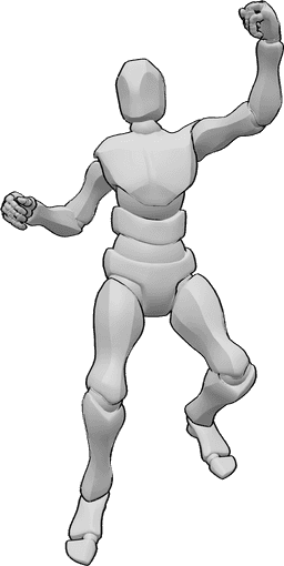 Referência de poses- Homem em pose de salto feliz - O macho está a saltar alegremente, celebrando a pose do gesto corporal