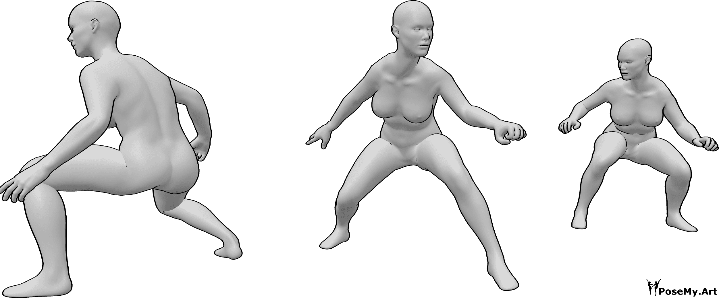 Pose Reference- Three people in a crouching pose - Three realistic women in in a crouching pose