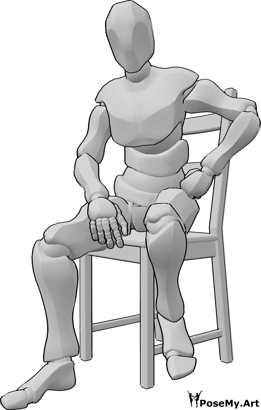 Pose Reference- Sitting hand hip pose - Male is sitting on a chair with one hand on hip, male model pose