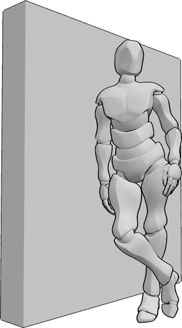 Referência de poses- Pose de modelo de parede inclinada - O modelo masculino está encostado à parede, posando com uma mão no bolso