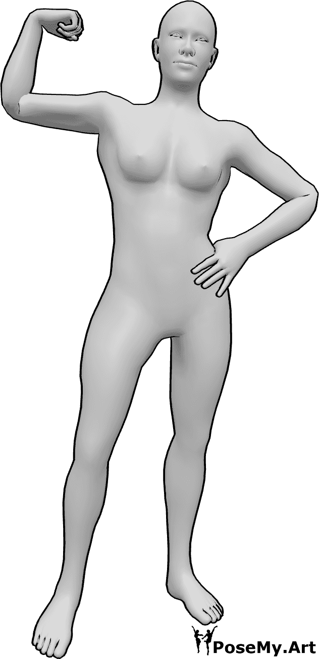 Pose Reference- Showing muscles standing pose - Female is standing with left hand on hip, showing her muscles