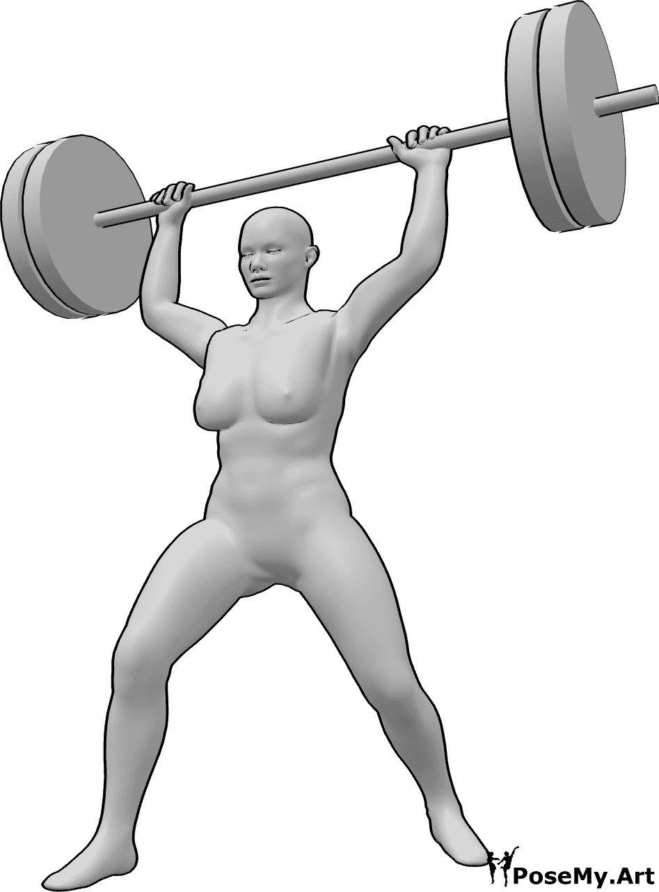 Pose Reference- Muscular female weights pose - Muscular female is lifting heavy weights high with two hands