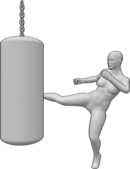 Referencia de poses- Postura de patada de entrenamiento de kickboxing - Mujer musculosa está haciendo entrenamiento de kickbox, pateando el saco de boxeo con el pie derecho
