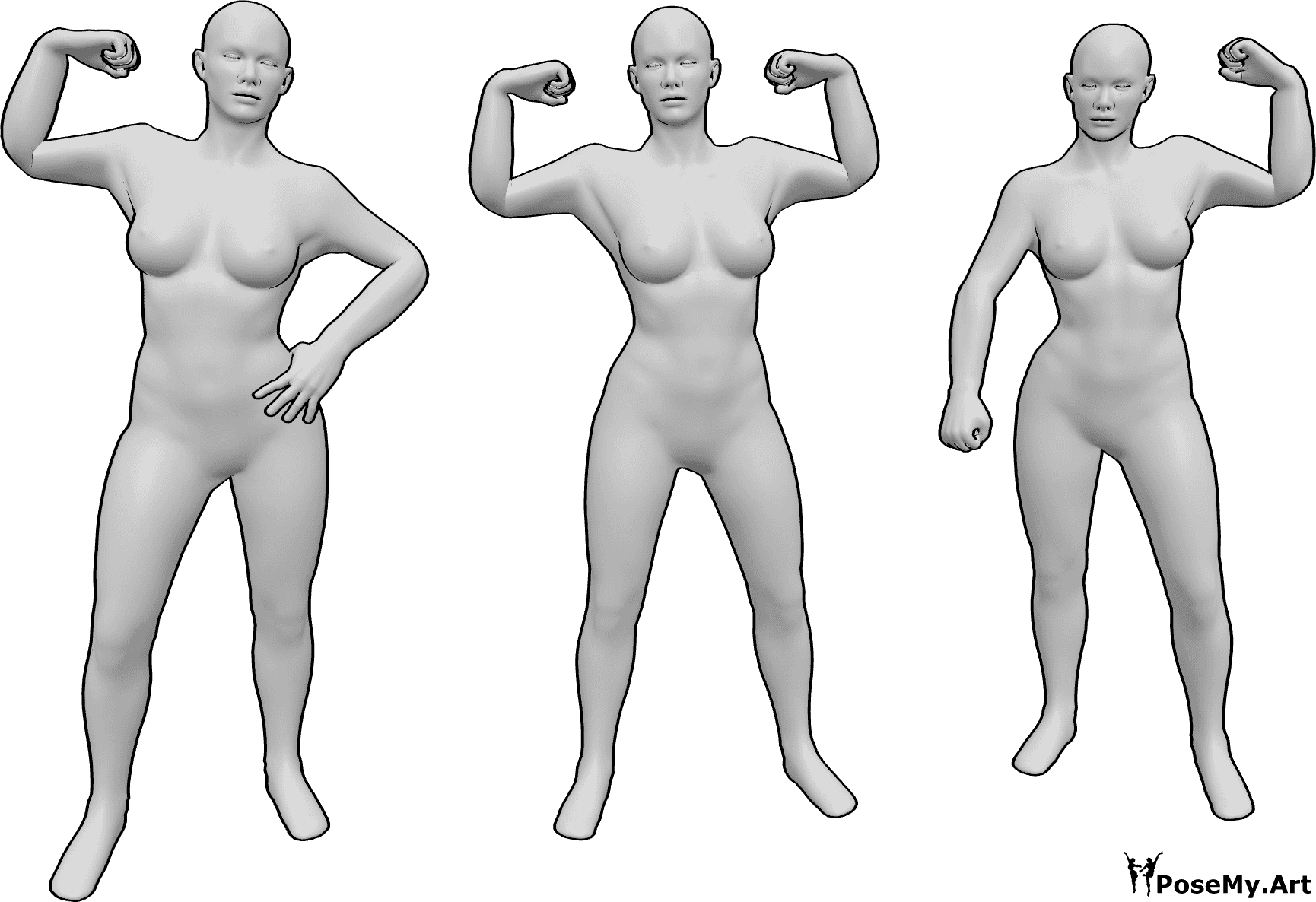 Pose Reference- Muscular females standing pose - Three females are standing and showing their muscles