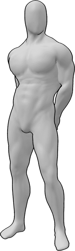 Posen-Referenz- Hände zurück in stehender Pose - Männlich, steht mit den Händen auf dem Rücken und schaut nach links