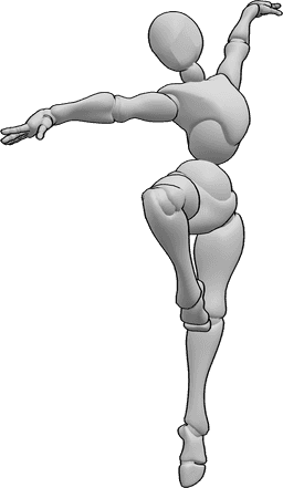Referência de poses- Pose de dança de ballet feminina - Pose de dança de ballet feminina, de pé sobre o pé esquerdo, com as mãos levantadas para o alto