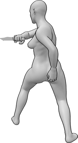 Posen-Referenz- Stechende Pose - Ein realistisches Frauenmodell in einer rotierenden Messerstecherei-Pose