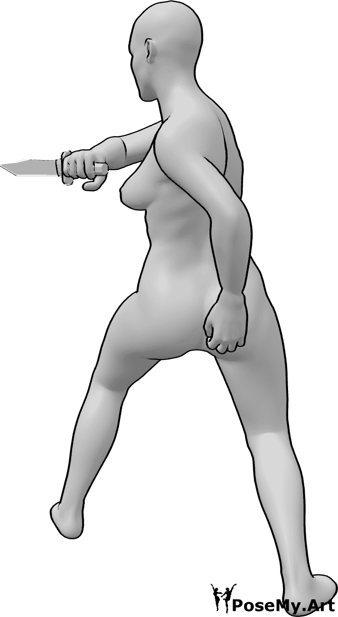 Pose Reference- Stabbing Pose - A realistic woman model in a rotational stabbing pose 
