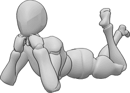 Posen-Referenz- Liegend nach vorne blickende Pose - Die Frau liegt auf dem Bauch, stützt sich auf ihre Hände und schaut nach vorne