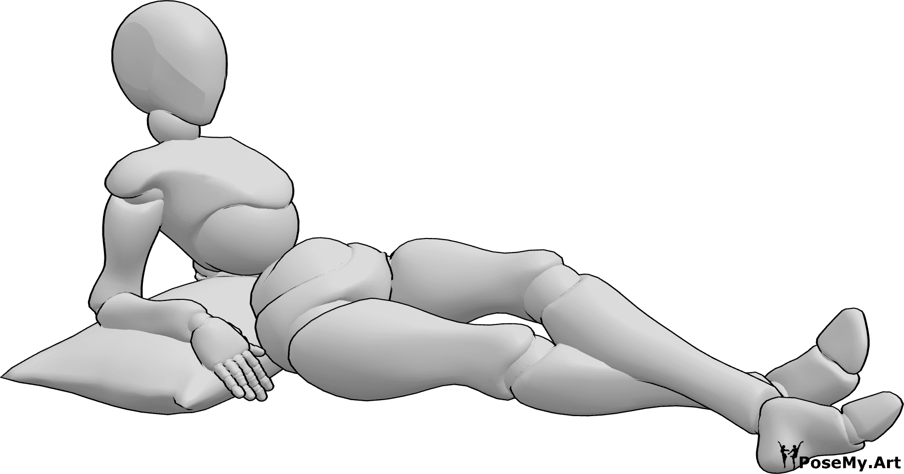 Pose Reference- Female lying pillow pose - Female is lying down, looking forward and leaning with her hands on a pillow