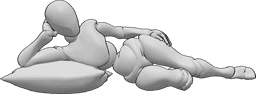 Posen-Referenz- Weibliche liegende flirtende Pose - Frau liegt ruhig auf einem Kissen und posiert, flirtet