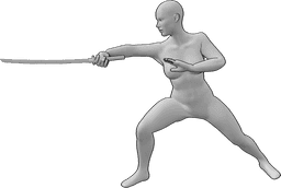 Referencia de poses- Una mujer apuñalando con una katana - Un modelo de mujer realista sosteniendo katana y apuñalando