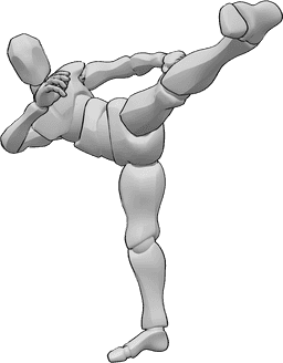 Referencia de poses- Postura de patada con el pie izquierdo - Varón de pie y pateando alto con el pie izquierdo, pose de pierna