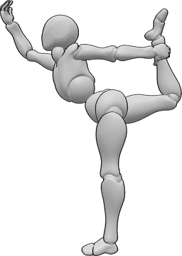 Référence des poses- Pose de l'élévation de la jambe droite - La femme est debout et fait du yoga, levant sa jambe droite en position haute.