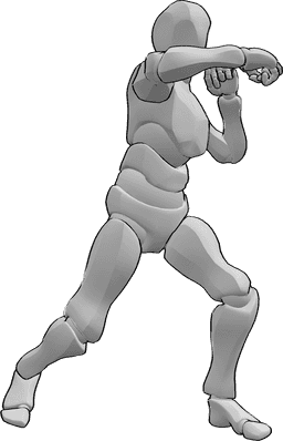 Referência de poses- Pose de perna de boxeador masculino - Homem está a praticar boxe, dando um murro com a mão direita, virando o pé direito para dentro, pose de perna de boxe