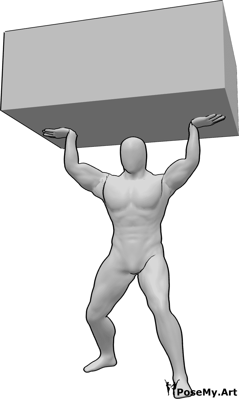 Pose Reference- Lifting heavy weight pose - Muscle male is carrying a heavy weight, lifting it high above his head