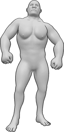 Referencia de poses- Postura de macho bruto enfadado - Hombre musculoso enojado está de pie, mostrando sus músculos posan