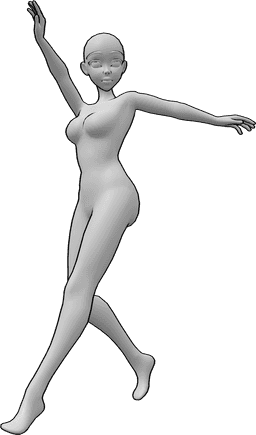Referência de poses- Pose de dança feliz de anime - Pose de anime de mulher alegre e feliz a dançar