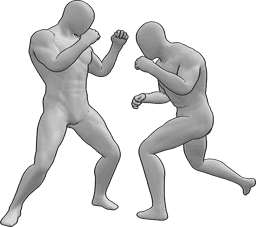 Referência de poses- Homens musculados em pose de combate - Dois machos musculados estão a lutar, a fazer pose de machos musculados boxeadores