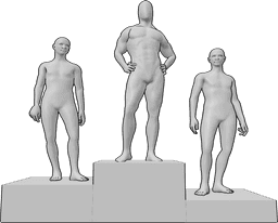 Referência de poses- Pose de pódio número um - Homem musculado e orgulhoso está de pé e a posar no topo do pódio