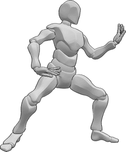 Referência de poses- Pose de tai chi com fluxo de energia - Homem de pé com os joelhos dobrados, olhando para a esquerda, em pose de tai chi