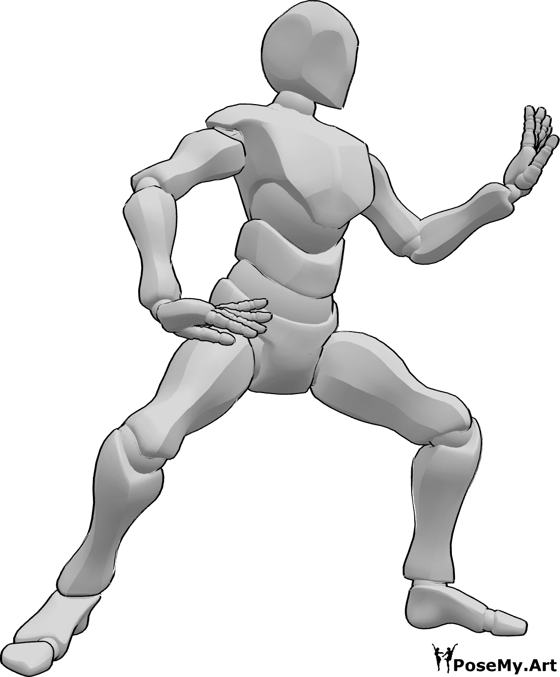 Pose Reference- Energy flowing tai chi pose - Male is standing with knees bent, looking left, tai chi pose