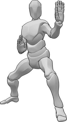 Référence des poses- Pose masculine de tai chi - L'homme est debout, les genoux pliés, et se concentre sur les énergies, dans une pose de tai-chi.