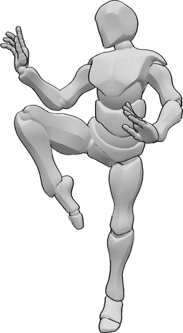 Posen-Referenz- Dynamische Tai-Chi-Pose - Das Männchen steht mit angewinkeltem und erhobenem rechten Bein und konzentriert sich auf den Fluss der Energien.