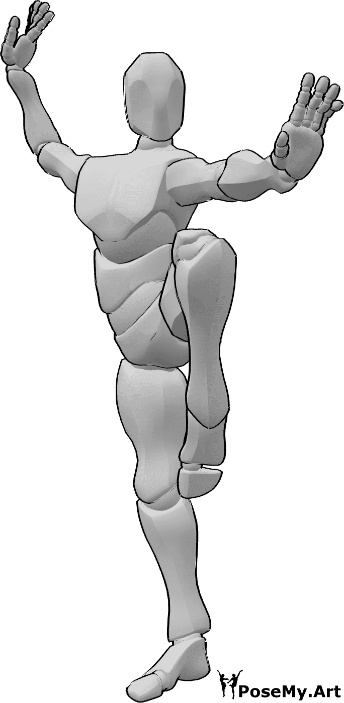 Pose Reference- Standing tai chi pose - Male is standing with left leg bent and raised and both hands raised