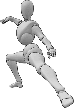 Référence des poses- Pose de tai chi pour la jambe gauche - Femme s'accroupit, jambe gauche tendue et main droite levée, en faisant du tai-chi