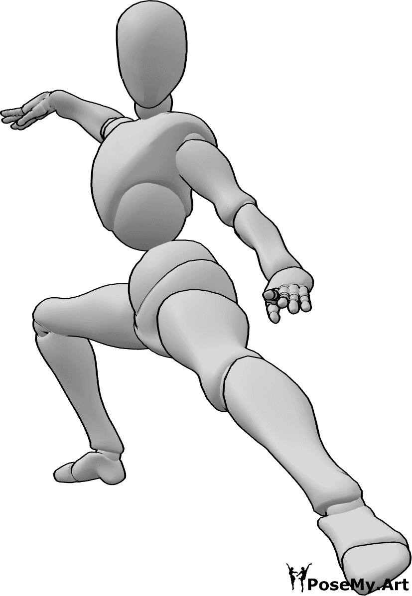 Pose Reference- Left leg tai chi pose - Female squats with left leg straight and right hand raised, doing tai chi